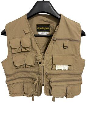 REMINGTON Vest Size Large Hunting Multi-Pocket Fly Fishing Tan Khaki Full Zip